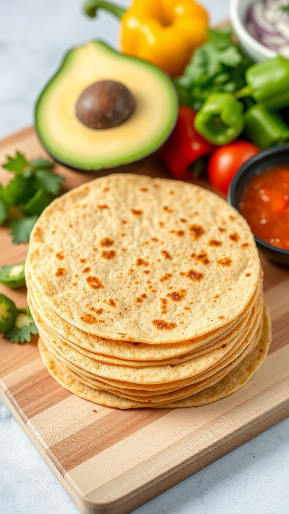 Freshly made quinoa tortillas stacked on a cutting board with vegetables and salsa.